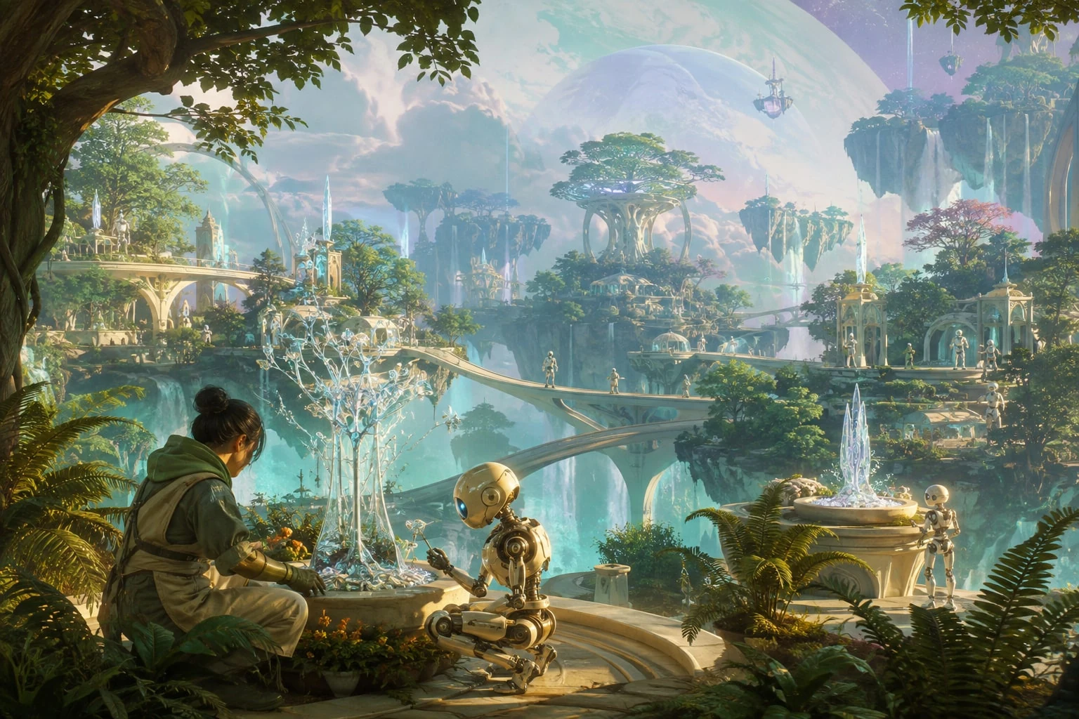 Lush floating gardens, pearl bridges and waterfalls in the simulated city of Mnemosyne.