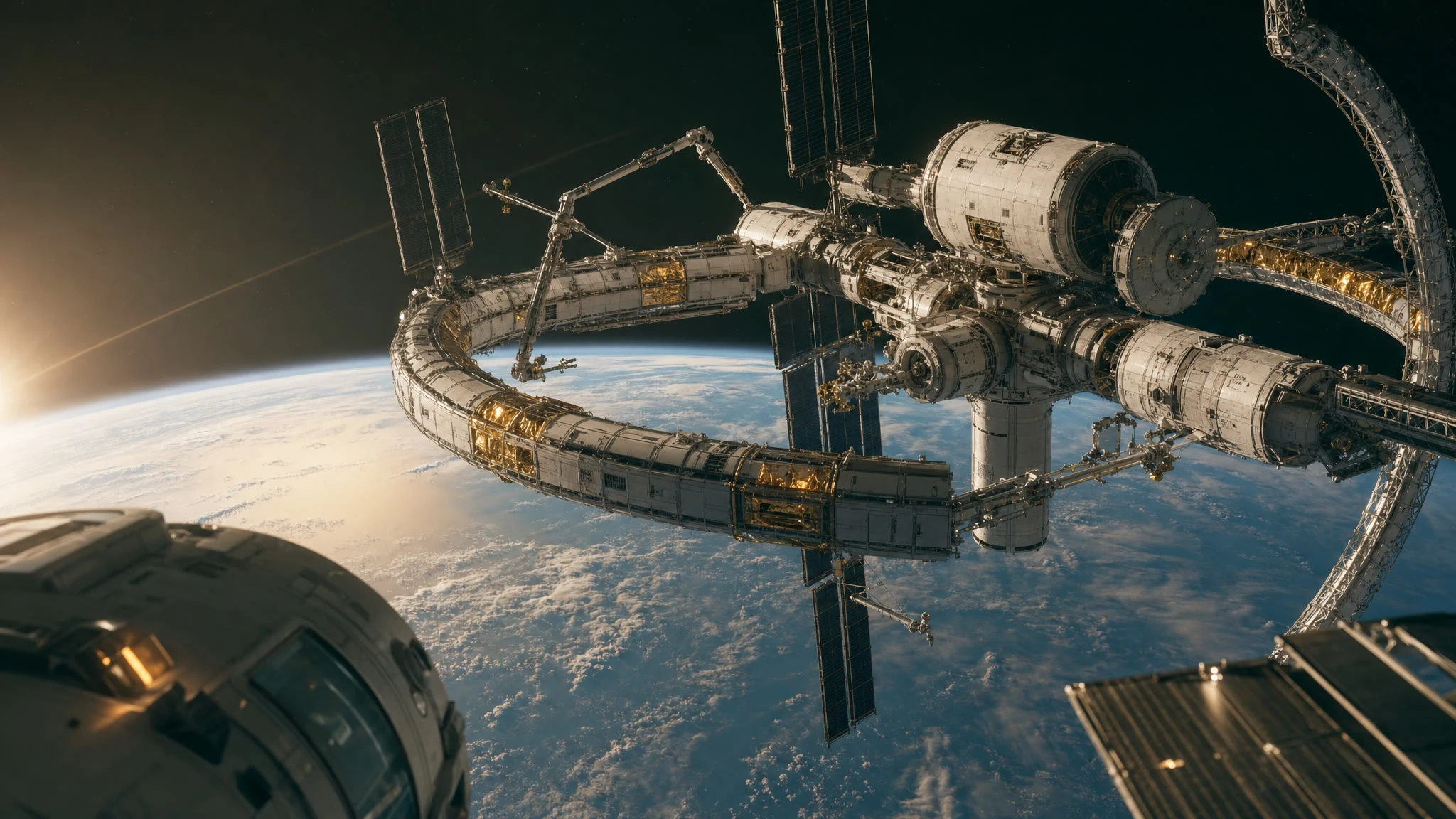 The modular orbital campus above the blue curve of Earth.