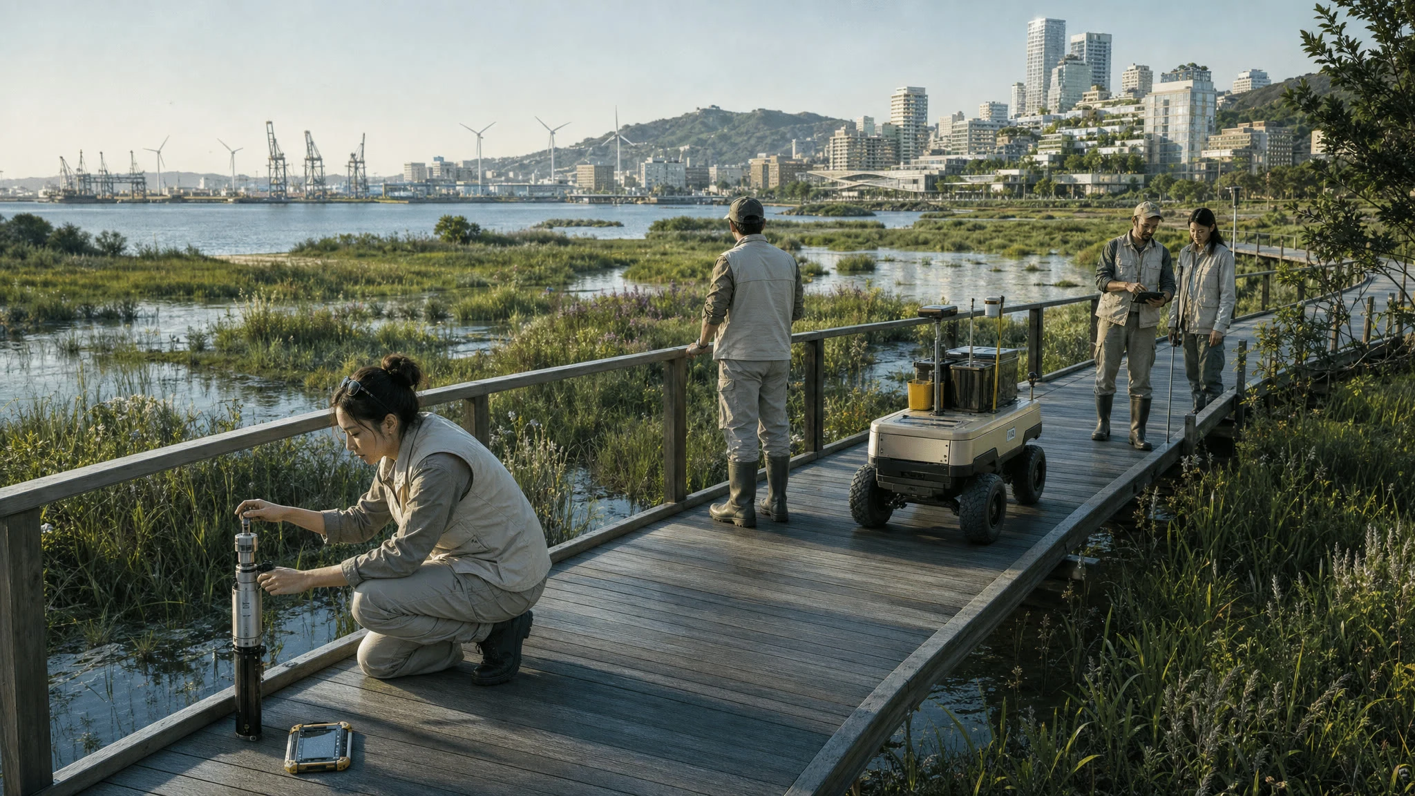 Meridian field researchers and an inspection robot study wetlands near a harbor city.