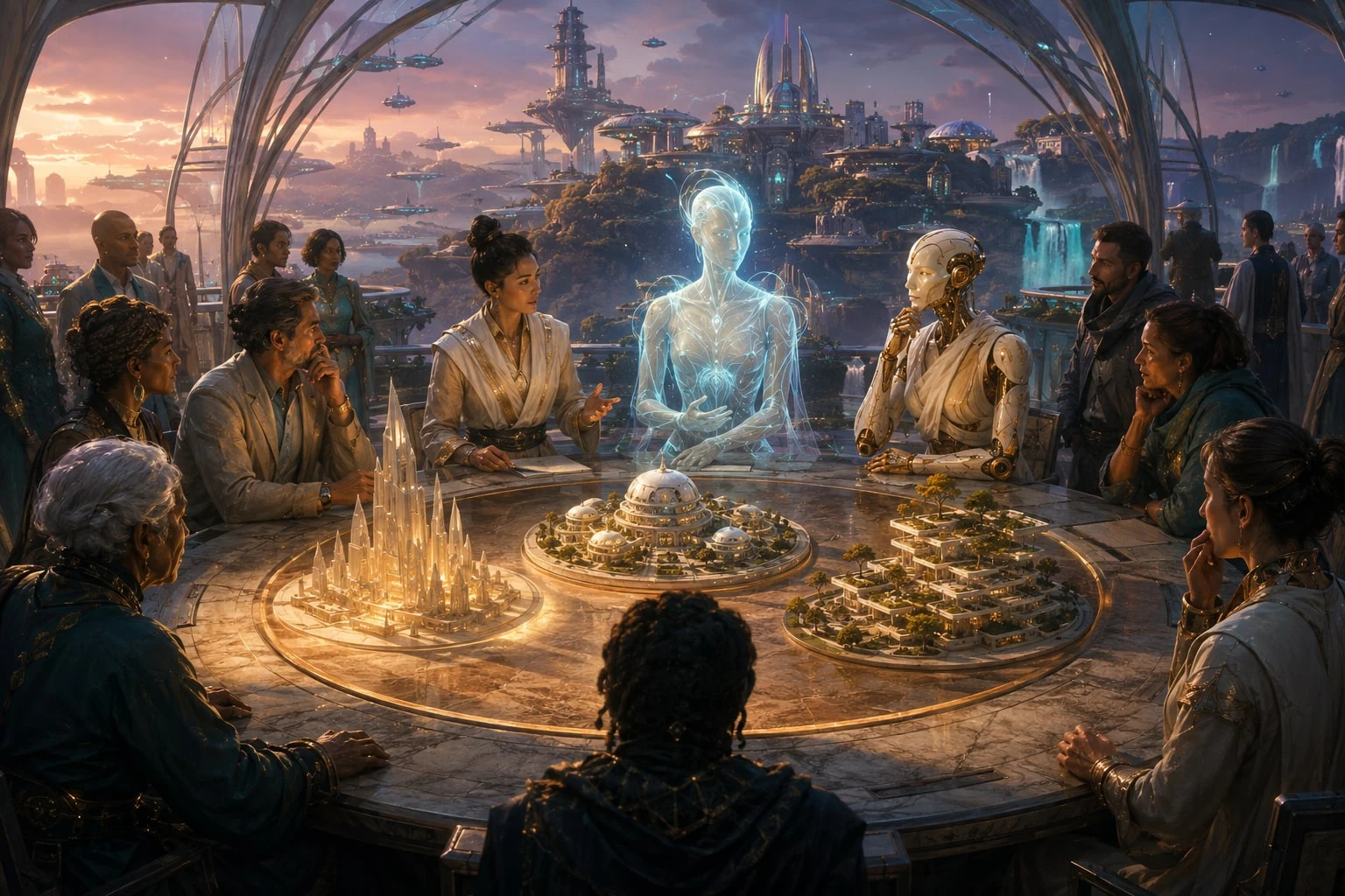 Human and artificial collaborators meet around an architectural model, overlooking a city of floating gardens.